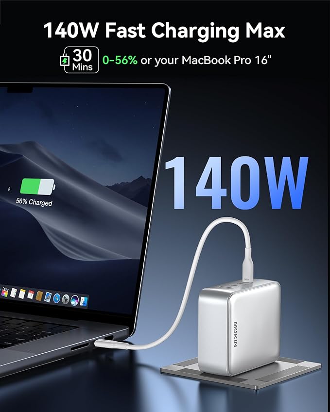 140W USB C Charger, 4 Ports GaN Charger Block Charging Station, Foldable and Compact Fast Wall Charging Power Adapter for MacBook Pro/Air, Dell XPS, iPad Pro, iPhone Series, Galaxy S24, and More