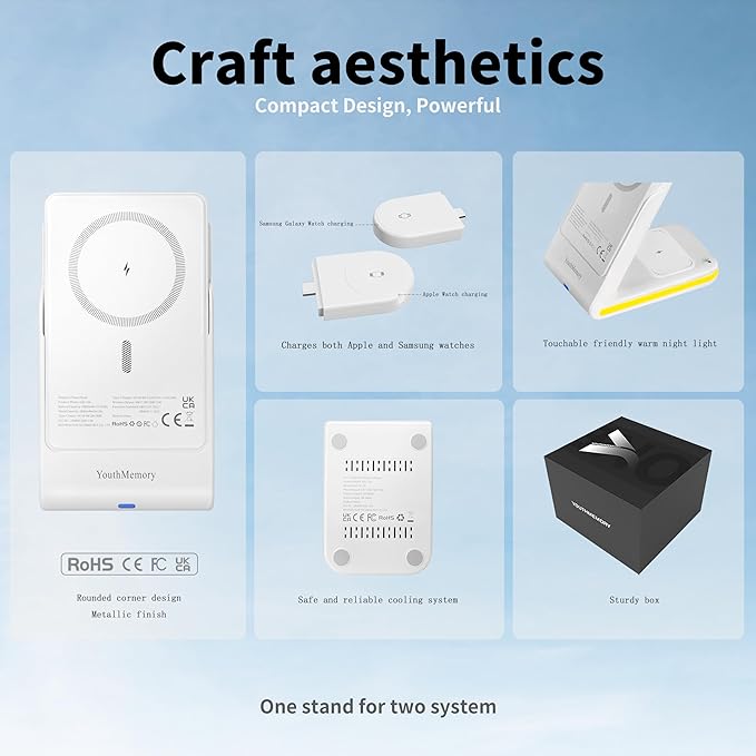 Wireless Charger 5 in 1 Magnetic Charging Station Stand with Portable Power Bank for Apple/Samsung Multiple Devices for Apple Watch 10-2,iPhone 16 15-12 Pro Max/Samsung Galaxy S25 Ultra S24-S8