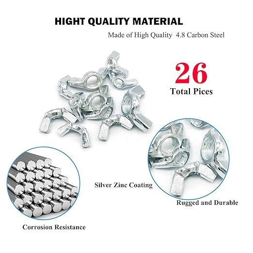 26 Pcs 4 Sizes 3/16",1/4",5/16",3/8" Wingnuts, Quality Carbon Steel Wing Nuts Sliver Zinc Plated Fasteners Parts Butterfly Nut, Hand Twist Tighten Hardware Nuts Butterfly Wing-Nut Assorted Kit