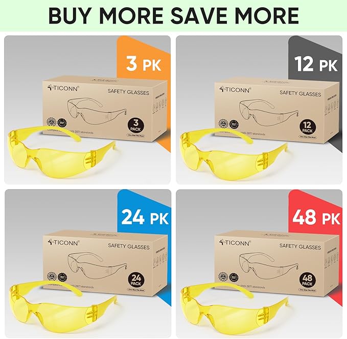 TICONN Clear Safety Glasses for Men, Safety Goggles with Scratch Impact Resistant Meets ANSI Z87.1 Standard