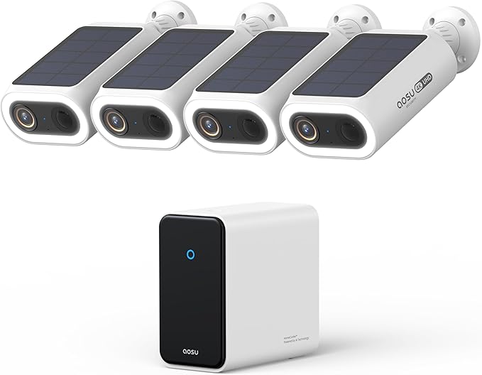 AOSU 4K Solar Security Cameras Wireless Outdoor, Expandable to 16TB (32GB Built-in) HomeCortex Home Security System + 4 Extra Solar Panel, AI Face Recognition & Behavior Detection, 4-Cam Kit