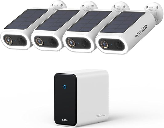 AOSU 4K Solar Security Cameras Wireless Outdoor, Expandable to 16TB (32GB Built-in) HomeCortex Home Security System + 4 Extra Solar Panel, AI Face Recognition & Behavior Detection, 4-Cam Kit