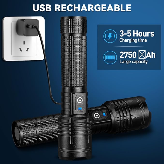 Rechargeable LED Flashlights High Lumens - 90,000 Lumens Super Bright Flashlights with 5 Modes, Waterproof Powerful Flash Light for Home, Camping(2 Pack) (Black)
