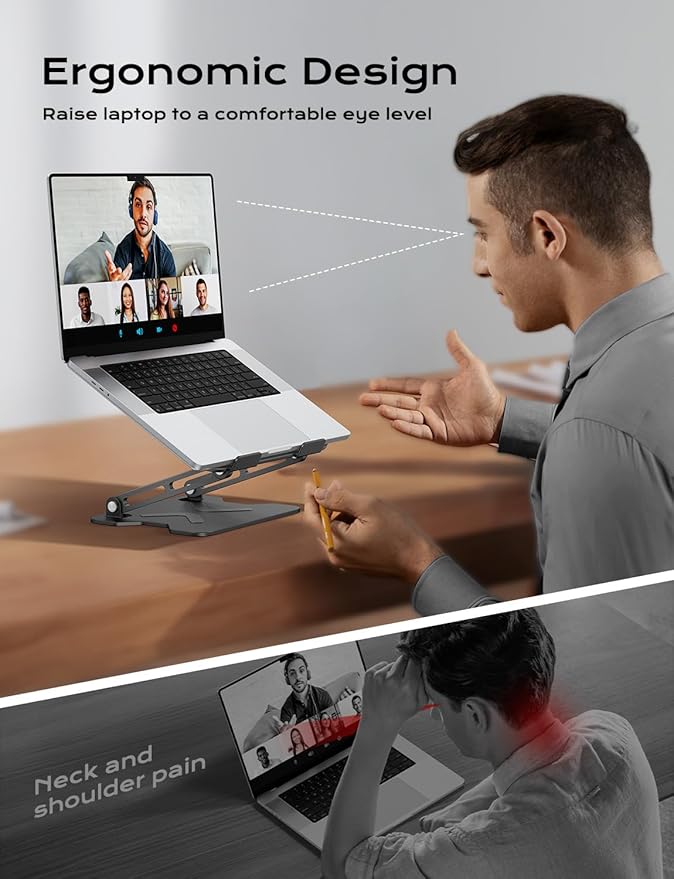 Adjustable Laptop Stand for Desk, Metal Foldable Laptop Riser, Portable Laptop Holder Mount, Ventilated Cooling Notebook Stand for MacBook Air Pro, All 10-16'' Notebooks Laptops Black