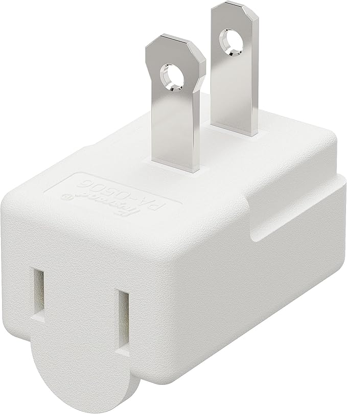 90 Degree 2 Pin Adapter, Plugrand Nema 1-15P to 1-15R Left Angled Adapter, 2 Prong Angled Adapter, NEMA 1-15P Power Adapter, PA-0506 White Color