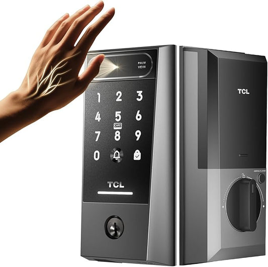 TCL D2 Pro Smart Lock with Palm Vein Recognition, Wi-Fi Keyless Entry Deadbolt Door Lock, Built-in Doorbell, IP55 Waterproof, 10000mAh Rechargeable Battery, Auto Lock for Front Door (Dark Grey)