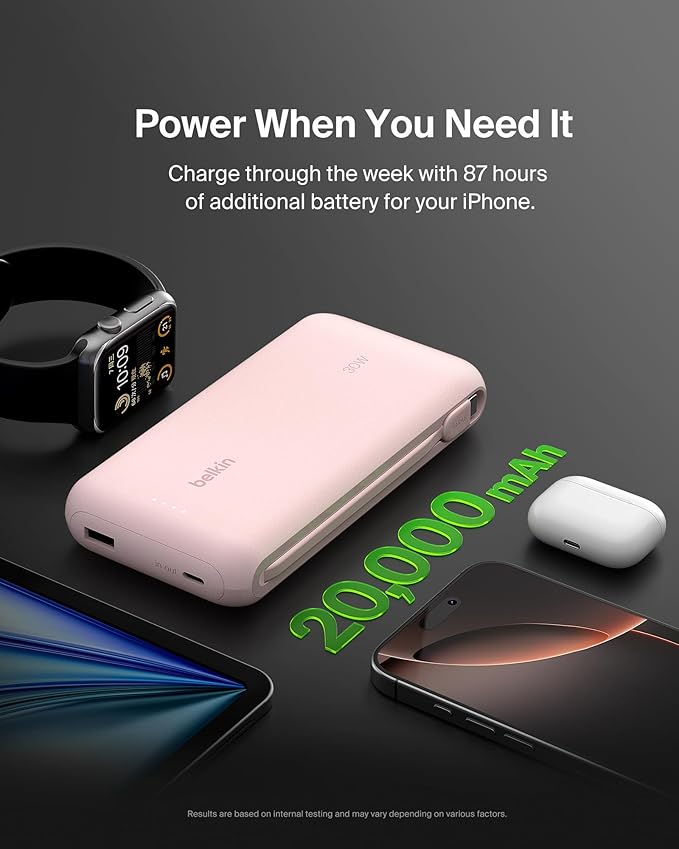 Belkin Portable Charger, Power Bank with Integrated Cable 20000 mAh 30W - Fast Charging USB C Power Delivery, iPhone Charger - iPhone 16 Series, iPad Pro, Galaxy S25 Series, & More - Pink