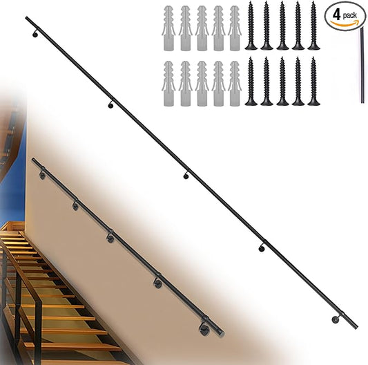 15Ft Industrial Metal Stairs Handrail Kit, Sturdy Wall Mount Aluminum Hand Rail, Indoor Outdoor Stair Railing Wood Concrete Brick Wall,1.5 in Round Pipe Grab Bar, Matte Black-15FT