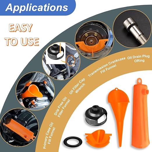 Oil Change Tool Kit for Harley Davidson Accessories,Oil Filter Wrench,Crankcase Fill Tool,Primary Case Funnel,Drip-Free Oil Filter Funnel,30PCS O-Rings