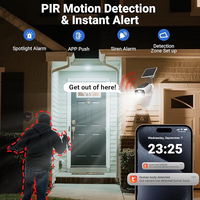Rraycom 2.5K Solar Security Cameras Wireless Outdoor, 2.4/5Ghz WiFi Battery Solar Powered Security Camera System,Forever Power,Color Night Vision,AI Detection, 2 Way Audio,Spotlight,No Monthly Fee