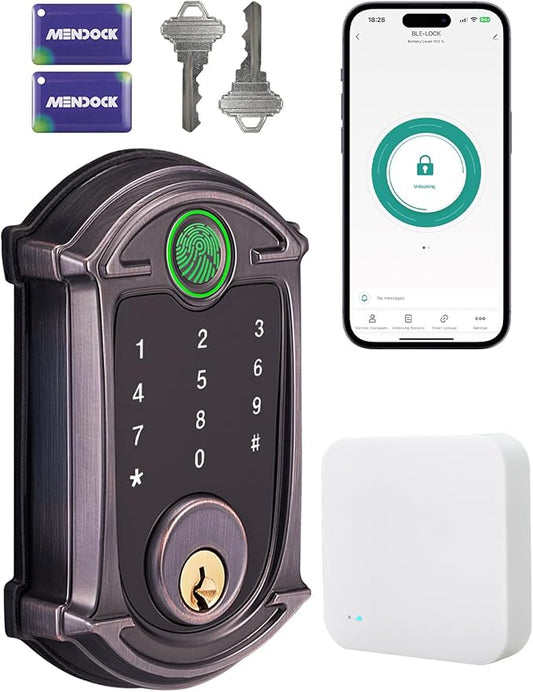 Keyless-Entry Deadbolt Smart Lock Waterproof IP56 Digital Exterior Locks for Front Door,WiFi Smartphone Control Fingerprint Door Lock with Keypad and Key Fob,Venetian Bronze - UF02L-GW-B