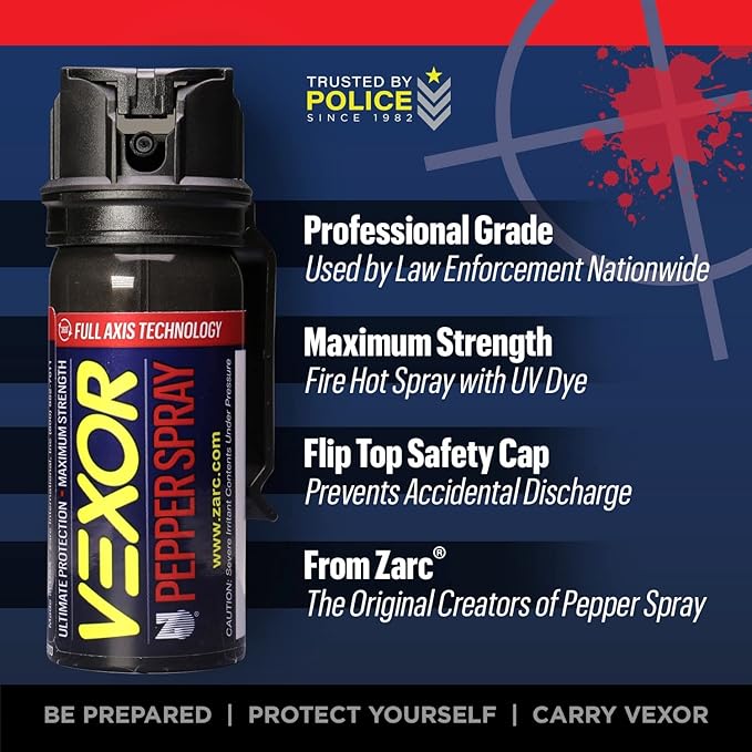 Vexor Pepper Spray Full Axis with Belt Clip for Self Defense — Maximum Police Strength, 20-Foot Range, Full Axis Capability, Flip Top Safety for Quick and Accurate Aim, Protection