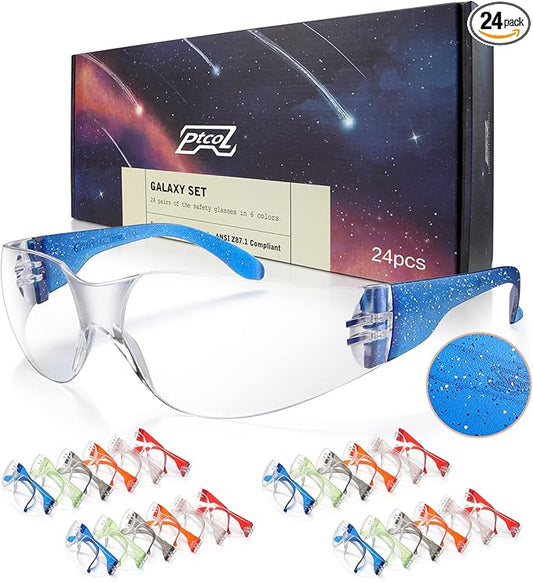 24 Pack Safety Glasses in 6 Galaxy Colors Proective Goggles Anti Scratch, Impact Resistant Clear Eyewear Unisex with ANSI Z87.1 for Laboratory, Shooting, Construction
