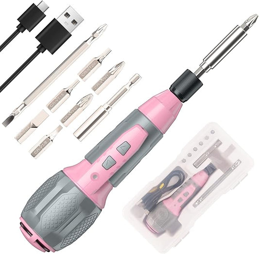 WORKPRO Electric Cordless Screwdriver Set - 4V USB Rechargeable Lithium-ion Battery Screwdriver Kit with LED Light - Small Screwdriver with 7pcs Bits for Home, Office, Apartment - Pink Ribbon