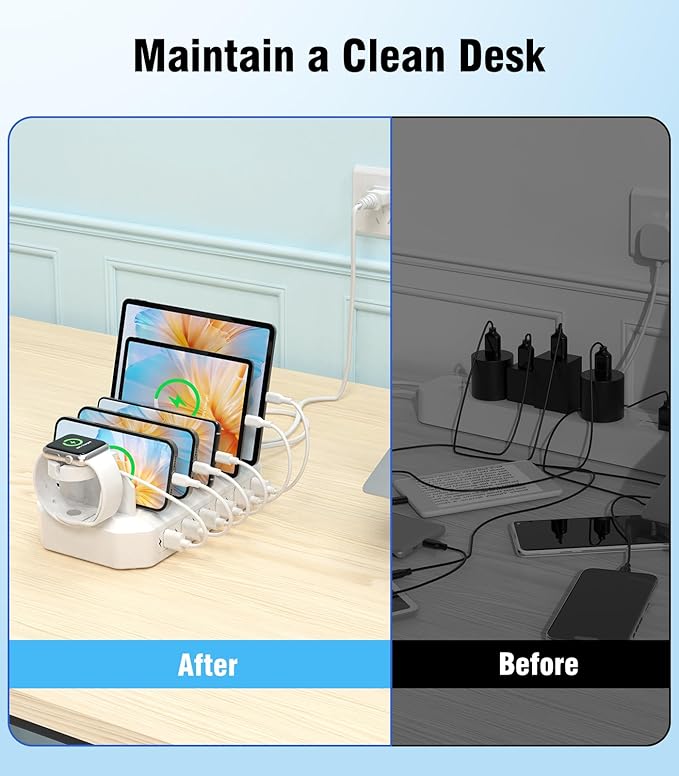 𝟐𝟎𝟐𝟓 𝐔𝐩𝐠𝐫𝐚𝐝𝐞𝐝 Charging Station for Multiple Devices【Smart IC Tech & Adjustable Dividers】 6-Port USB Charging Dock Compatible w/iPhone/Android/MacBook/Tablet/Kindle & Other Electronic