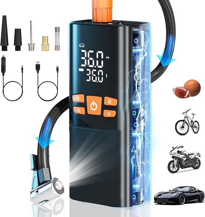 Tire Inflator Portable Air Compressor 150PSI - 10000mAh Cordless Pump with 12V DC Power & Auto Shut-off, Fast Inflation for Car, Motorcycle, Bike, Ball - Built-in LED Light