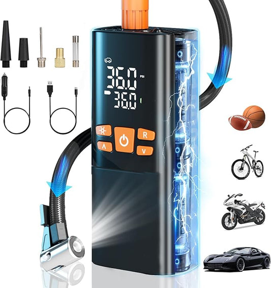 Tire Inflator Portable Air Compressor 150PSI - 10000mAh Cordless Pump with 12V DC Power & Auto Shut-off, Fast Inflation for Car, Motorcycle, Bike, Ball - Built-in LED Light