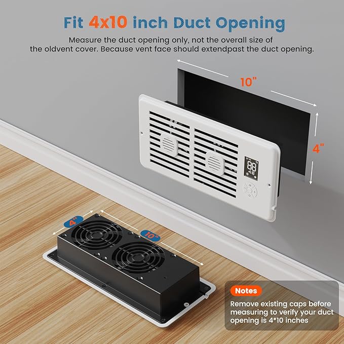 Ideashop Quiet Register Booster Fan Fits 4" x 10" Register Holes, Improves Heating & Cooling AC Vent Booster Fan, Smart Vent 10-Speed Adjustable with Thermostat & Remote Control, for Wall and Floor