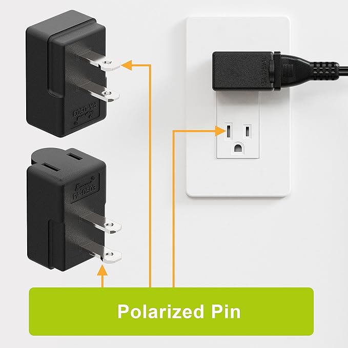 Right Angle Adapter,2-Prong 90 Degree Rightward Angled AC Adapter, Polarized 2-Prong L Type Adapter, Vertical Right Angled Down Angle Power Adapter, PA-0503B Black Color