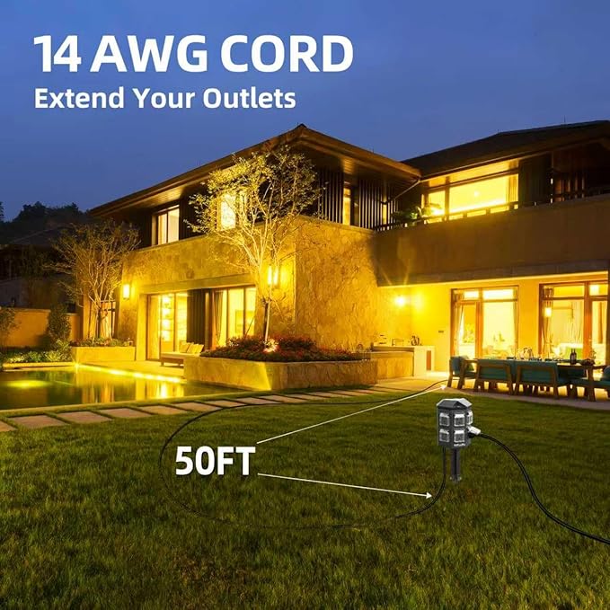 Outdoor Remote Control Power Strip, 25FT Extension Cord Waterproof, Independent Control Outlets, 6 Grounded Outlets for Outdoor Decorations, 14 AWG, 15A/1875W, ETL Listed (50 FT)