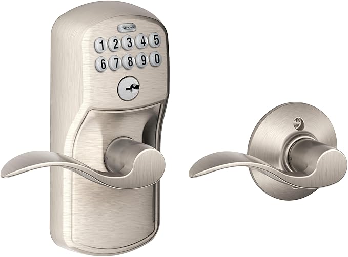 SCHLAGE FE575 PLY 619 Acc Plymouth Keypad Entry with Auto-Lock and Accent Levers, Satin Nickel