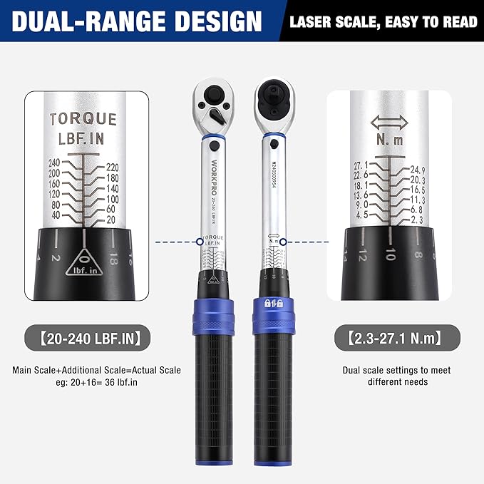 WORKPRO 1/4-inch Drive Click Torque Wrench, Inch Pound Bike Torque Wrench Set, Dual-Range 20-240 in.lb / 2.3-27.1 N.m, Lightweight Aluminum Handle, 72-Tooth, 14 Pcs, Precision for Bicycle Maintenance