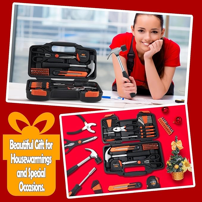 58 Piece Household Tool Set, General Household Hand Tool Kit with Plastic Toolbox Storage Case, All Purpose Household Tool Kit for Home, Garage, Office and College Dormitory Use, Orange