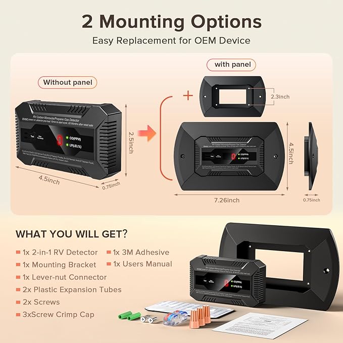 Nuleto RV Dual LP/CO Alarm，RV Carbon Monoxide & Propane Gas Detector with Separate LED Indicator Light, Early Warning to Ensure RV Camping Safety Travel (with 1 Bracket), Black