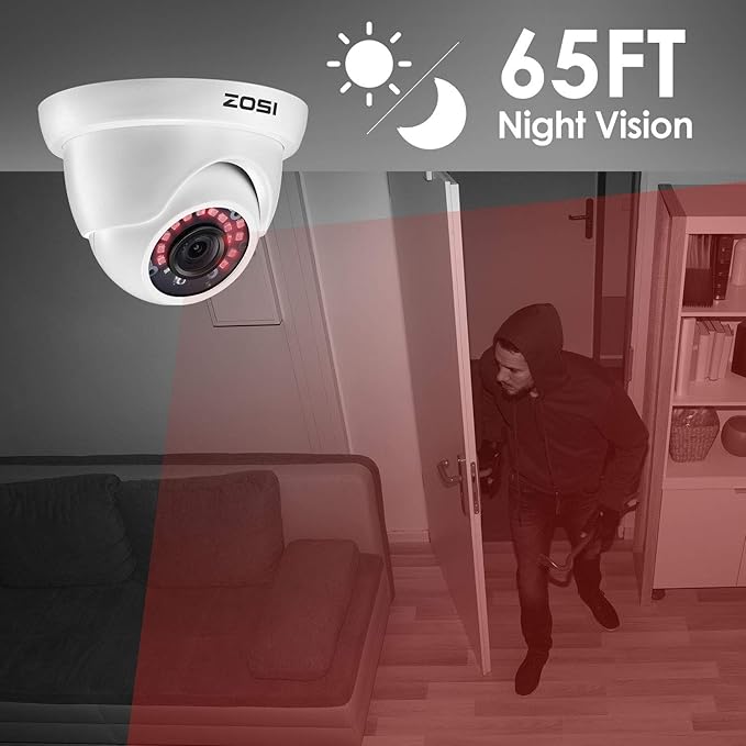 ZOSI 1000TVL CCTV Camera 24 IR LEDs Indoor Outdoor Day Night Vision 65ft Security Dome Color Camera for DVR Surveillance System (White)