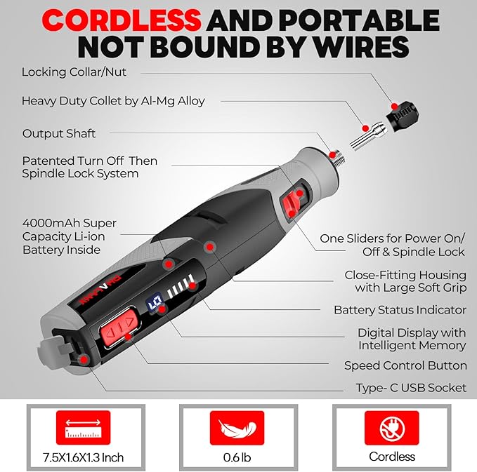Cordless 4V Rotary Tool Kit, PHALANX Rotary Tools 80 PCS Accessories 4000mAh Li-Ion Battery, Type-C Charging 9 Speed Engraving Tool for Wood Cutting Sanding Crafts Carving Resin Polishing