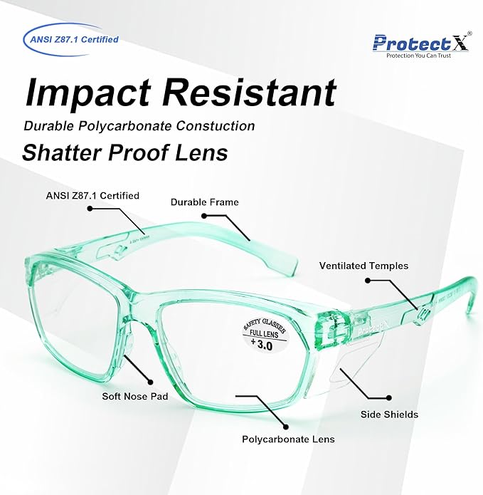 ProtectX Stylish Anti-Fog & Scratch-Resistant Safety Glasses With Readers, UV Protection Goggles, Anti-Impact Lightweight Glasses for Men＆Women Jade Reading 3.0-6 Pack