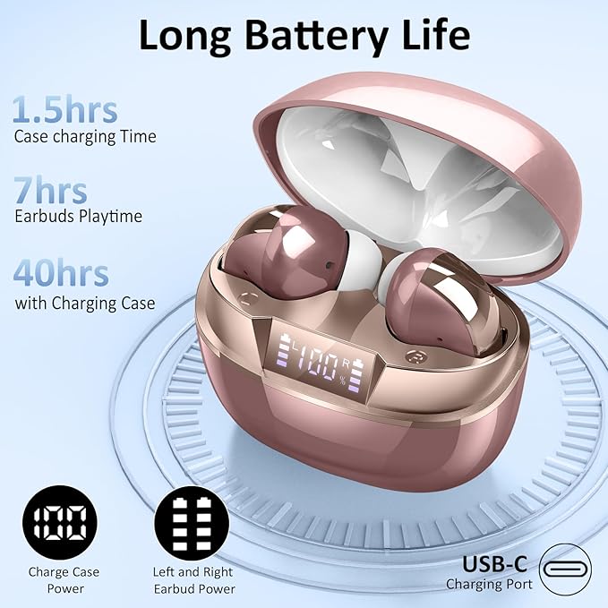 Wireless Earbuds, Bluetooth 5.4 Headphones in Ear, Mini Bluetooth Earbuds HiFi Stereo Deep Bass with 4 ENC Noise Cancelling Mic, Wireless Ear Buds 47H Long Playtime LED IP7 Waterproof USB-C(Rose Gold)