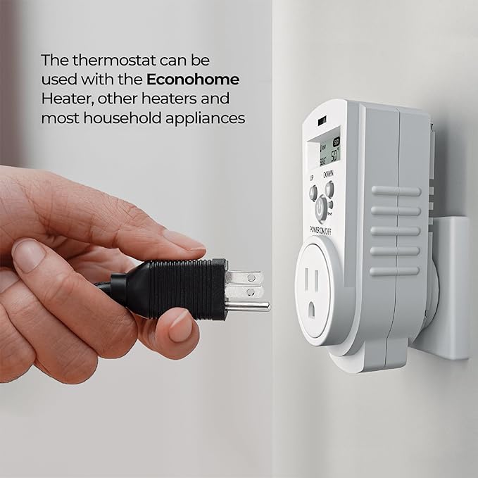 EconoHome Digital Plug in Thermostat - Programmable Thermostat with LCD Screen, Temperature Control & Power Buttons - Compatible with Wall Mount & Portable Heater, Air Cooler, Greenhouse Fans