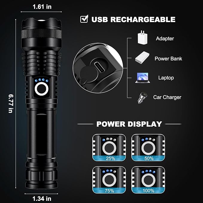 4 Pack Rechargeable LED Flashlights High Lumens, 90,000LM Super Bright Flashlight, Adjustable Powerful Flash Light with USB Cable & 5 Modes, Waterproof Handheld Flashlight for Home Camping