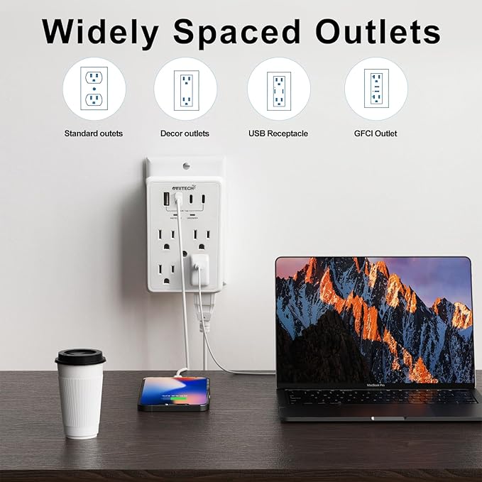 Multi Plug Outlet Extender Surge Protector Adapter, 6 Outlet with 4 USB Ports (2 USB C) 980J Power Strip Wall Charger Spaced for Travel,Home, Office, Dorm Room, White 2 Pack