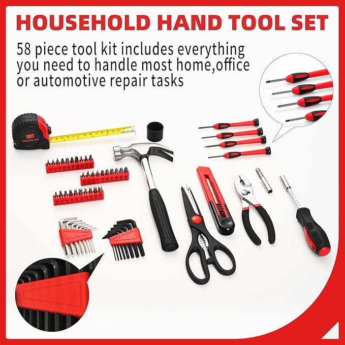 58-Piece Tool Kit Basic Home Repair Tool Set, General Household Hand Tool Kit,Small Tool Kit with Plastic Toolbox Mini Tool kit for Women, Office & College Repairs Red