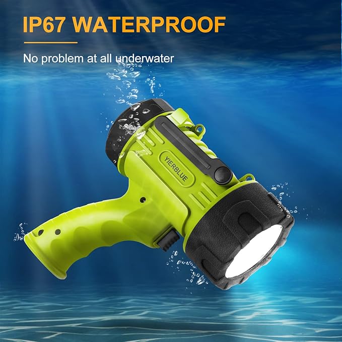 YIERBLUE Rechargeable Spotlight Flashlight with Super High High Lumen LED, IP67 Waterproof Long Running Spot Light searchlight, Impact Resistant Handheld Spotlight with Foldable Stand and Red Lens