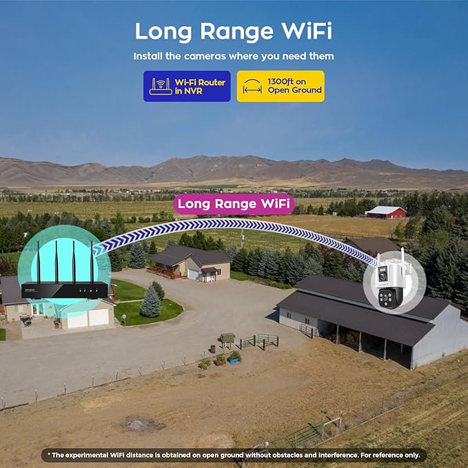 xmartO [Dual-Image Wide FOV] 16CH Security Camera System Wireless, 4-Set 2-in-1 Cameras, 4K Long Range WiFi 6 Surveillance NVR, Pan Tilt Zoom 4MP QHD Home CCTV Camera Set with 500GB, 7/24 Record