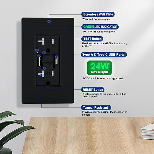 20AMP GFCI Outlet with Type A & Type C USB Charging Ports, Self-Test, LED Indicator, Tamper Resistant, GFCI Receptacle Outlet, Screwless Wall Plate Include, ETL Listed, Black