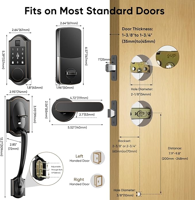 Fingerprint Smart Front Door Lock Set, Keyless Entry Door Lock & Front Door Handle Set, App Control, Digital Touchscreen Keypad, Smart Locks for Front Door, Easy Install, Oil Rubbed Bronze