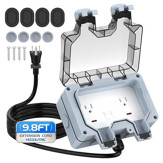 Outdoor Power Outlet Box with 9.8Ft Extension Cord, NEMA 5-15R, IP66 Waterproof Outlet Box 14AWG Wire Double Socket with Lockable Cover & LED Indicator for Garden & Outdoor Use