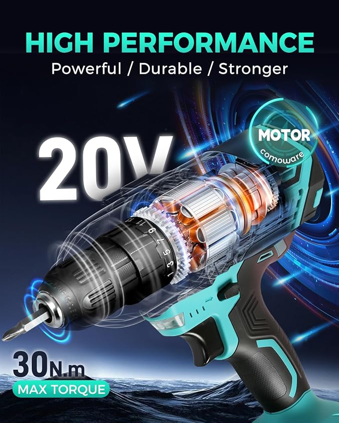 COMOWARE 20V Cordless Drill, Electric Power Drill Set with 1 Battery & Charger, 3/8” Keyless Chuck, 2 Variable Speed, 266 In-lb Torque, 25+1 Position and 34pcs Drill/Driver Bits