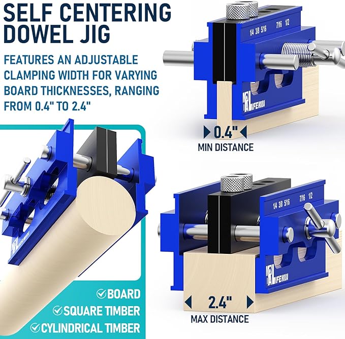 Self Centering Doweling Jig Kit, Drill Jig For Straight Holes Biscuit Joiner Set With 6 Drill Guide Bushings, Adjustable Width Drilling Guide Tool Accessory Jigs (Blue)
