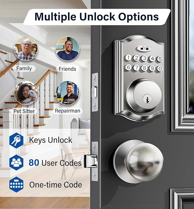 Keyless Entry Door Lock with 2 Knobs, Electronic Backlit Keypad Deadbolt with Handle Set, Auto Lock, One-time Codes, Smart Deadbolt for Front Door, Easy Installation (Satin Nickel)