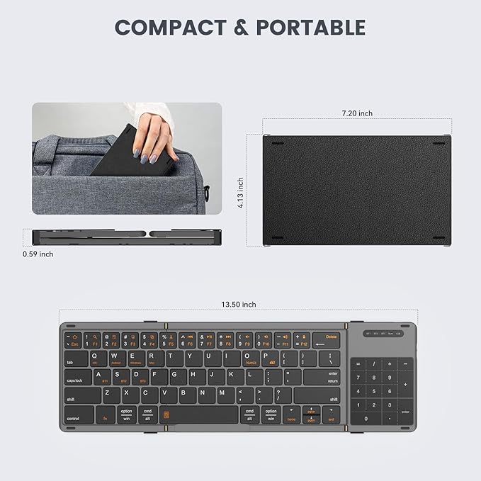 Foldable Bluetooth Keyboard, Portable Full Size Folding Keyboard with Touchpad, Numeric Keypad, PU Leather, Wireless TravelKeyboard for Windows Android Mac(Sync up to 3 Devices)