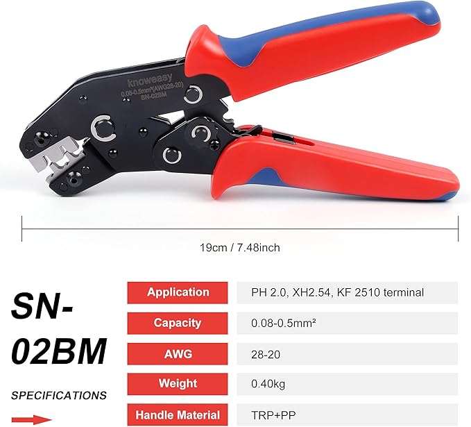 Knoweasy SN02BM JST/Molex Crimper for XH2.54/PH2.0/3.96mm/PX Terminals and AWG28-20 Wires - Precision Crimp Tool for Electronics and DIY