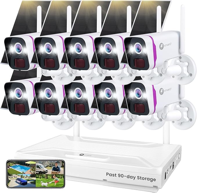 XMARTO Solar Security Cameras Wireless Outdoor, WiFi6 NVR with 64GB Micro SD Card, 10PCs 4MP QHD Home Security Camera System with 10CH Expandable NVR, 120 Days Local Storage, All-Weather Solar Charge