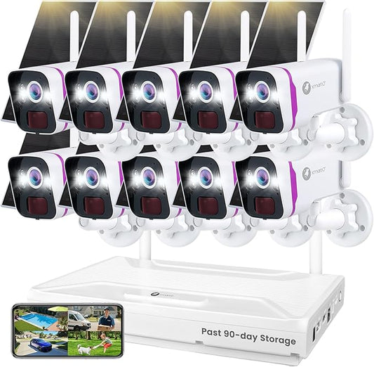 XMARTO Solar Security Cameras Wireless Outdoor, WiFi6 NVR with 64GB Micro SD Card, 10PCs 4MP QHD Home Security Camera System with 10CH Expandable NVR, 120 Days Local Storage, All-Weather Solar Charge