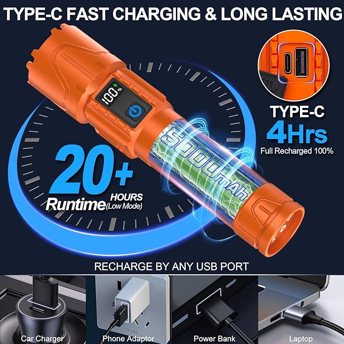 Rechargeable Flashlights High Lumens - Super Bright LED Tactical Flash Light, Powerful Waterproof Handheld USB C Flashlight for Camping,Emergencies,Home,5 Modes,Zoomable (2, Orange)