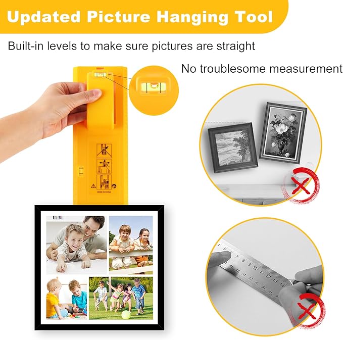 Picture Hanging Kit, Goodsnova Picture Hanging Tool with Level for Easy Marking Position, Including 218PCS Instaframe Hanging Kit with Hooks, Nails, Wires, Hammer for Art/ Photos (Yellow)